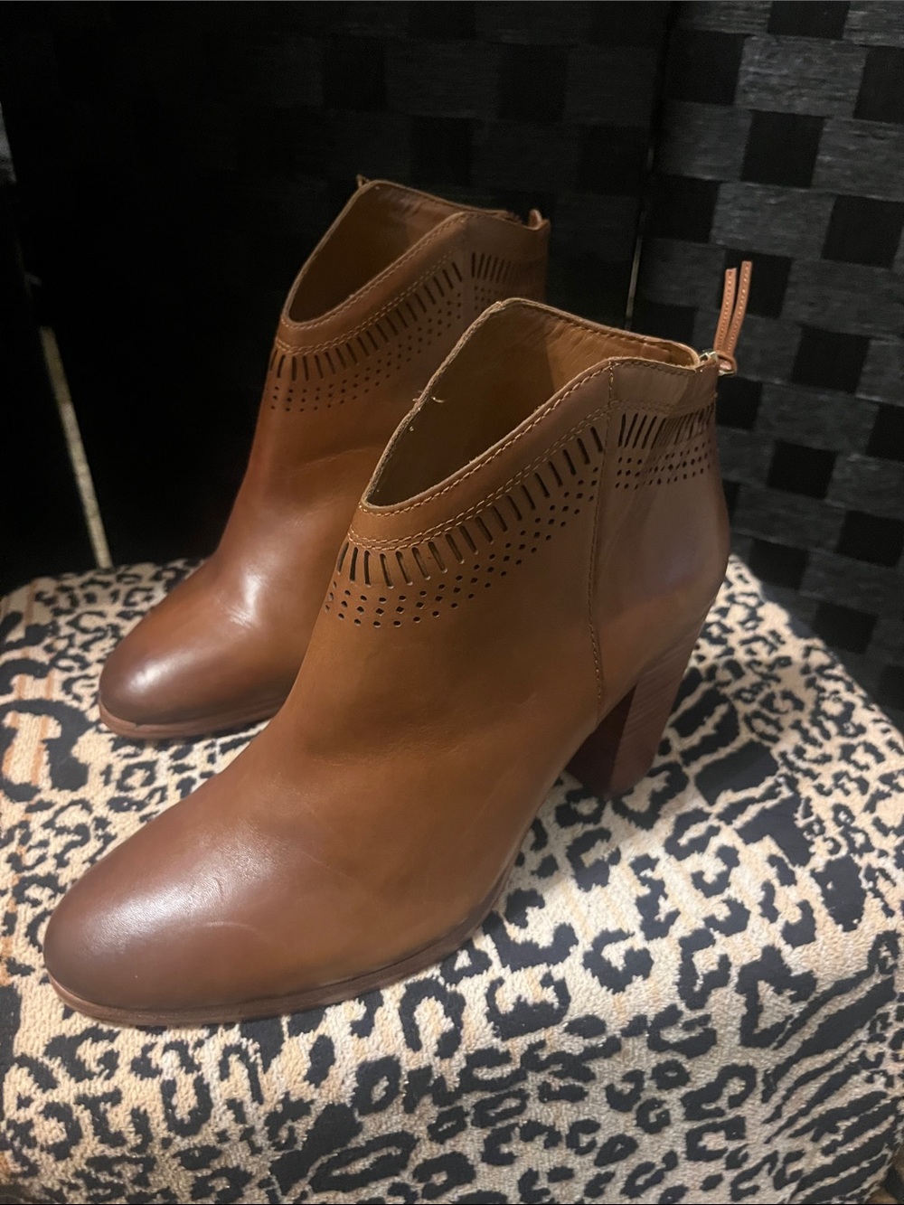 Vince Camuto Cognac Leather Ankle Booties with Laser-Cut Trim